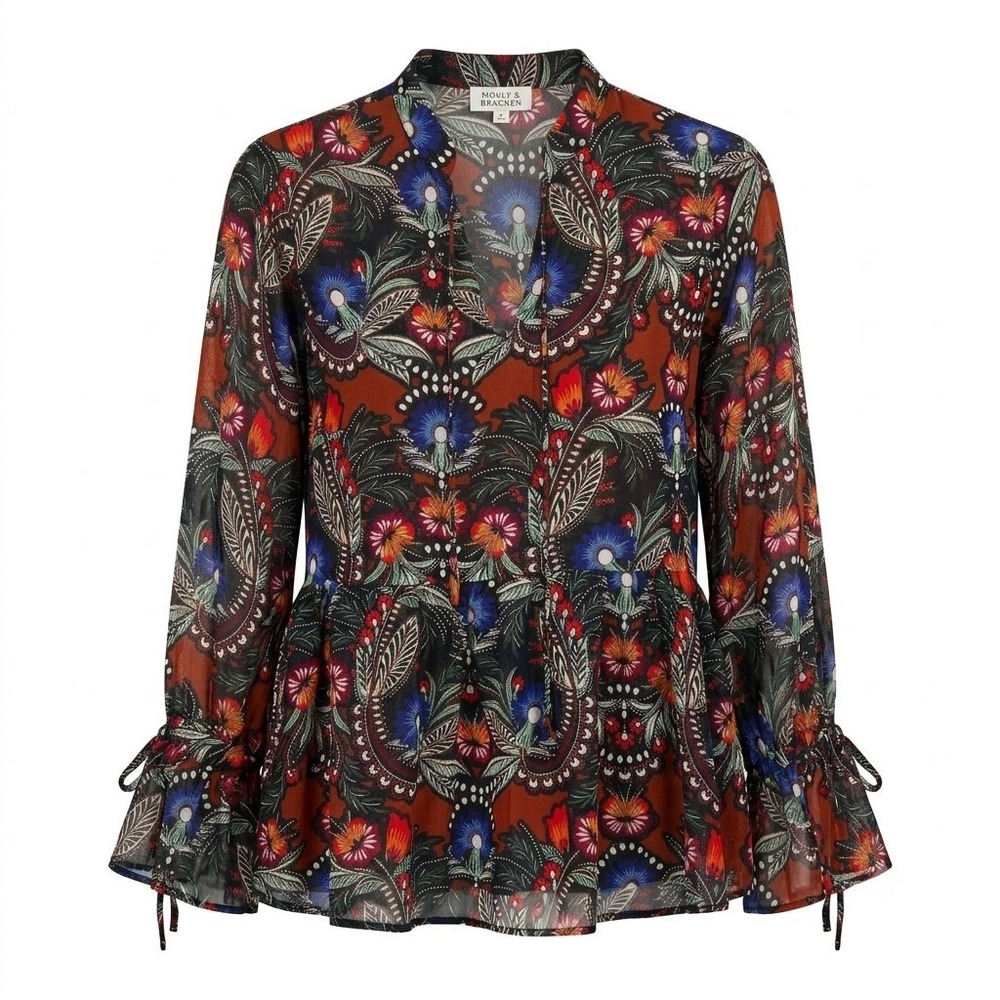 NEW Molly Bracken Garden Oasis Floral Paisley Peplum Semi-sheer Blouse Large